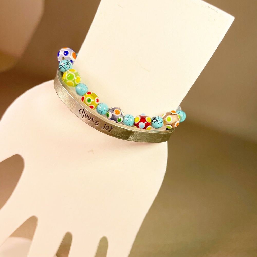 Handmade Bracelet Lampwork Glass Beads & Metal “Choose Joy” Adjustable Bracelet